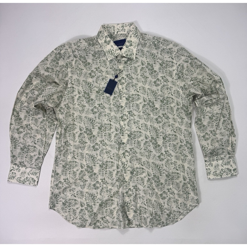 David Donahue Regular Fit Men's 17 34/35 Floral Cotton Button Shirt NWT Green